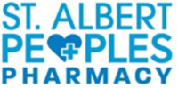 St. Albert Peoples Pharmacy logo, offering travel vaccines, online prescription refill, and free delivery services.