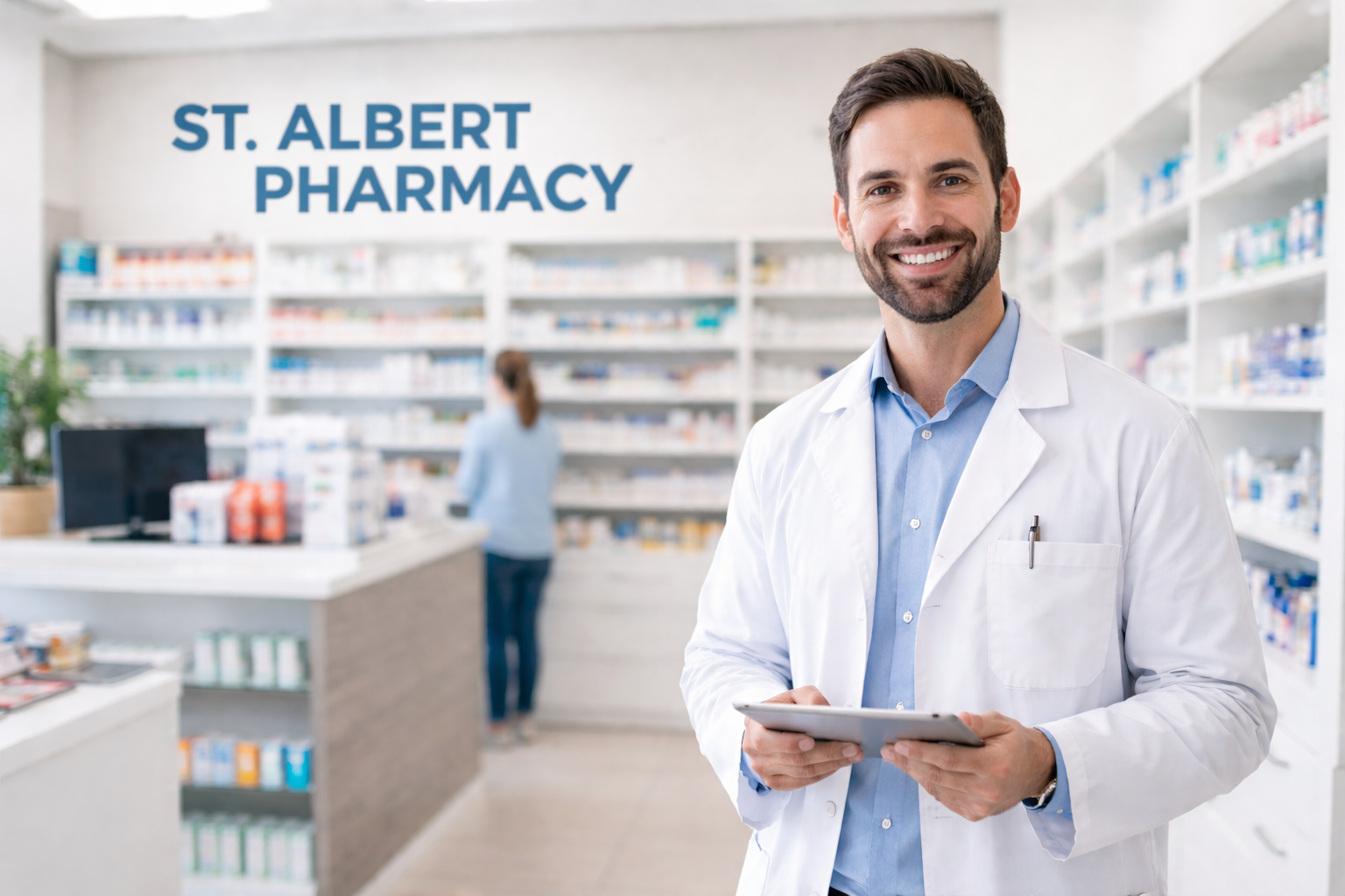 Community pharmacy in St Albert Alberta with pharmacist providing patient consultation